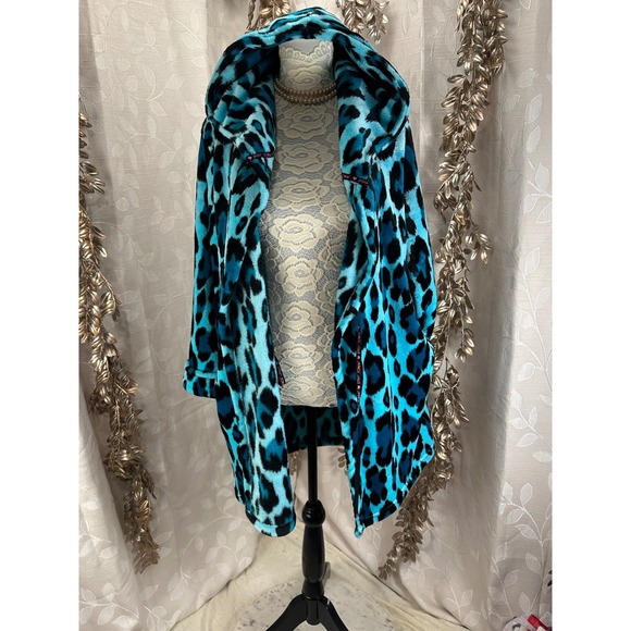 Betsey Johnson Teal Leopard Fleece Hooded Robe XS/S Blue Black Animal Print - Picture 7 of 11